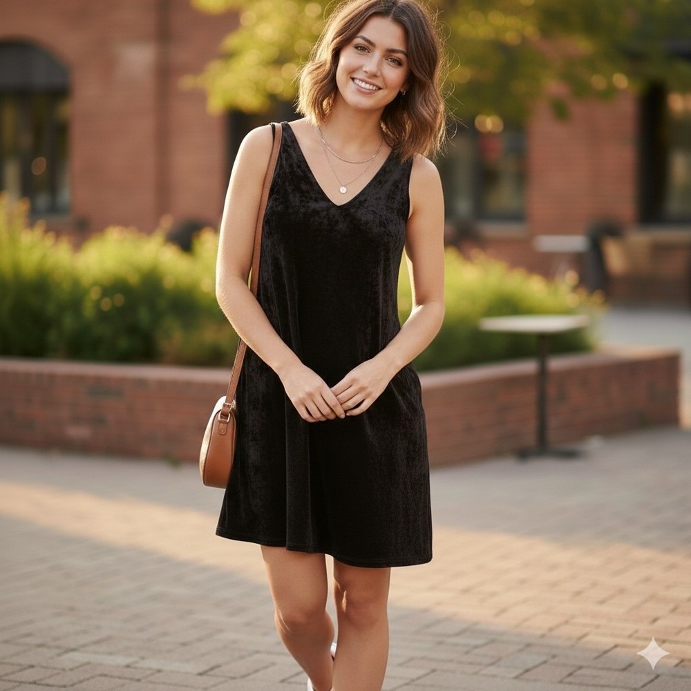 Final Touch Black Crushed Velvet V-Neck Sleeveless Tunic Top Small D16032 USA‎